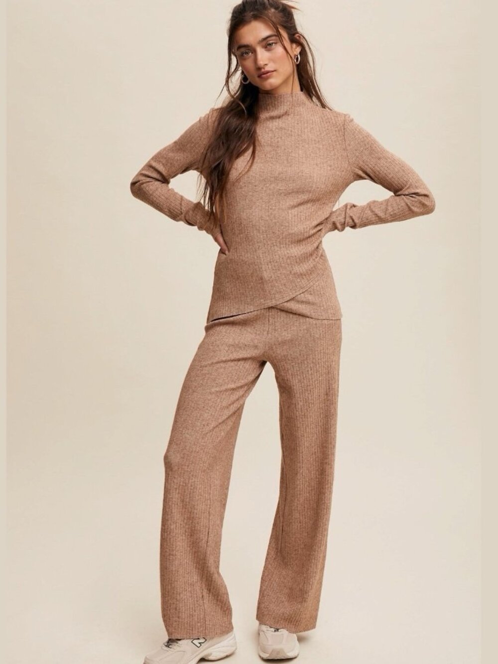 Listicle 2-Piece Set Camel Ribbed-Knit High-Neck Top Wide-Leg Pants Size S M L